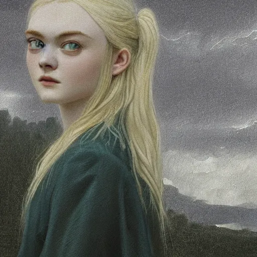 Prompt: professional painting of Elle Fanning in the style of Caspar David Friedrich, head and shoulders portrait, symmetrical facial features, smooth, sharp focus, illustration, intricate, stormy weather, extremely detailed masterpiece,