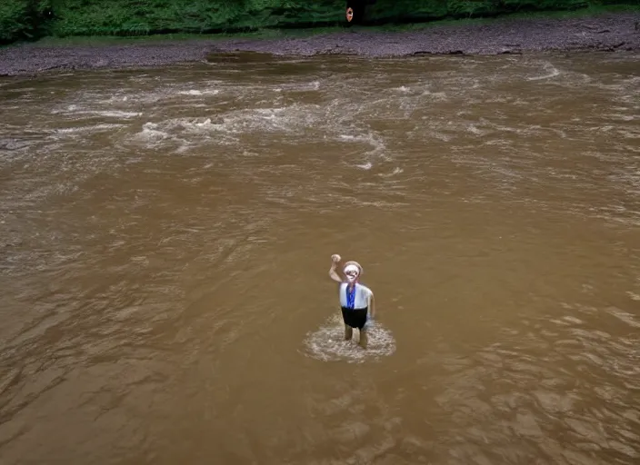 Image similar to grainy security cam footage still of Augustus Gloop in the chocolate river at Willy Wonka's Chocolate Factory, extreme wide angle