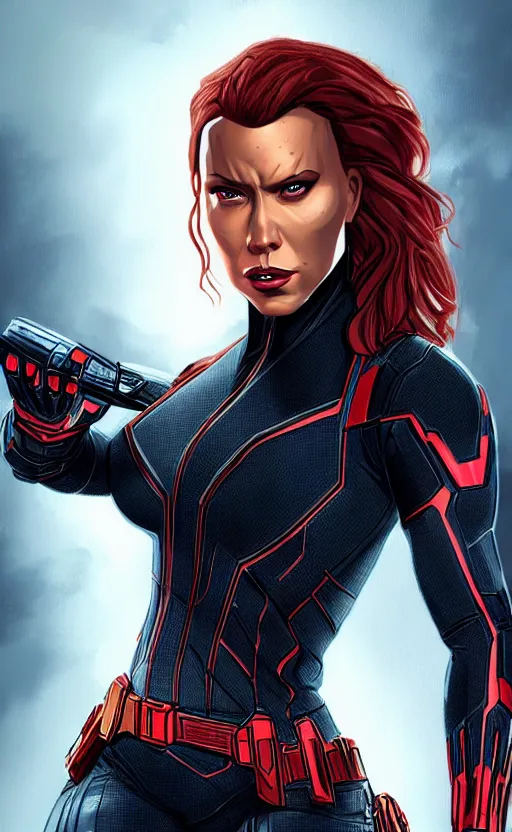 Image similar to portrait of the rock as black widow from the avengers infinity war, character concept art, hyperrealistic, detailed, accurate illustration, dramatic lighting, action pose
