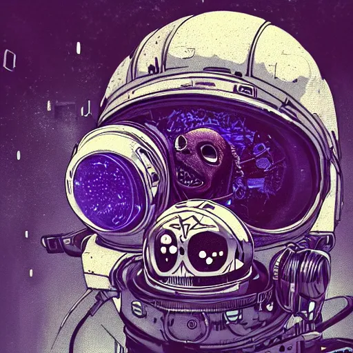 Prompt: portrait of a space pirate skull pepe the frog. intricate abstract. cyberpunk, vhs glitch. full face broken helmet. intricate artwork. nightmare fuel. terrifying. empty oxygen tank. by Tooth Wu, wlop, beeple, dan mumford. octane render, trending on artstation, greg rutkowski very coherent symmetrical artwork. cinematic, hyper realism, high detail, octane render, 8k, iridescent accents, black and white