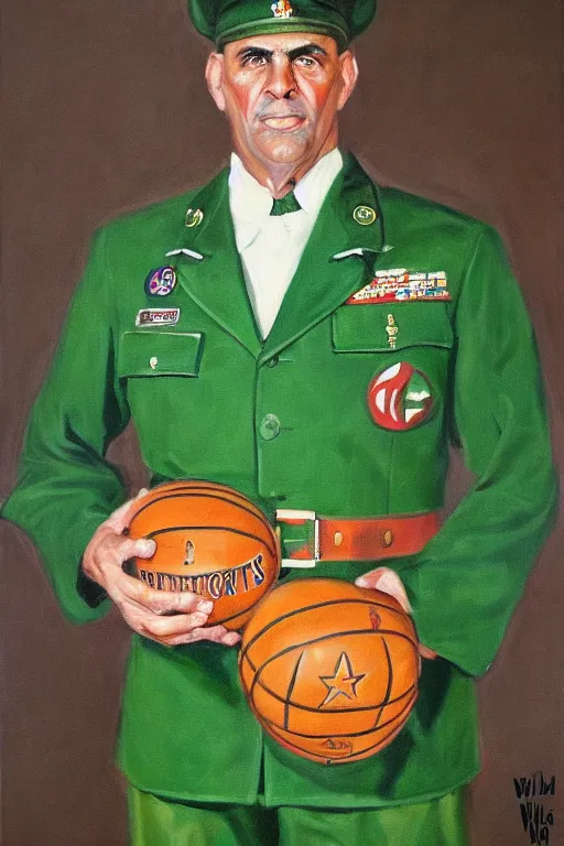 Image similar to full body portrait of the dictator of the boston celtics, 1 9 5 5, in full military garb, oil on canvas by william sidney mount, trending on artstation