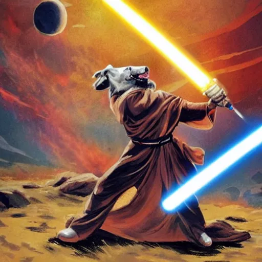 Prompt: jedi fighting against a dog in a fire planet