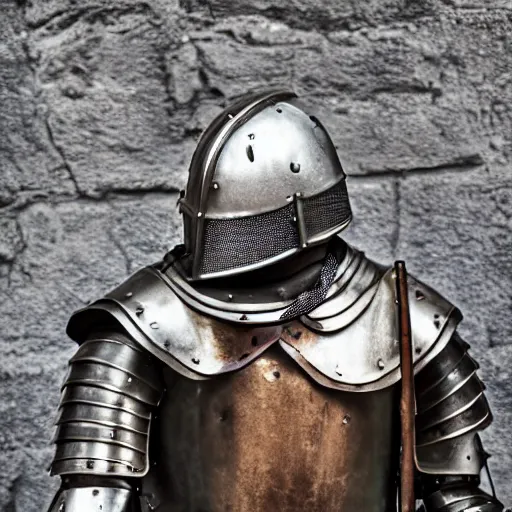 Prompt: one - armed medieval armored knight with a bucket on his head instead of a helmet, highly detailed photography