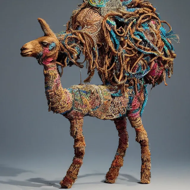 Image similar to llama with dreadlocks, detailed, by ernst haeckel, james jean, el anatsui, mandy jurgens