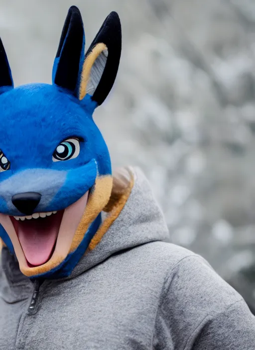 Image similar to portrait photo still of real life pokemon character lucario, 8 k, 8 5 mm f 1. 8