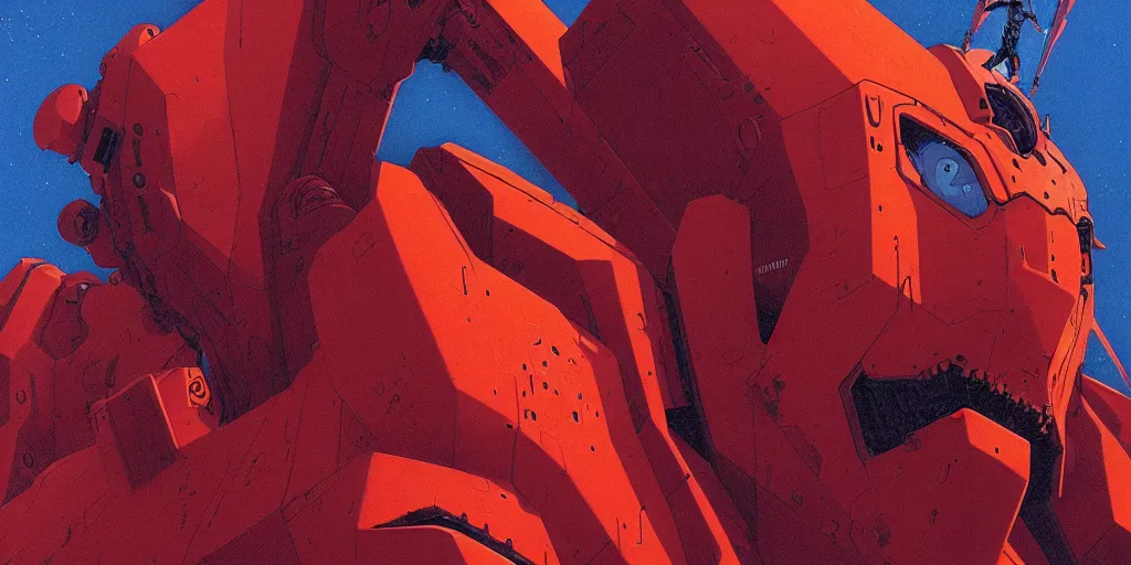 Prompt: grainy risograph matte painting of gigantic huge evangelion face with a lot of details - like mech covered ooze, orange and red matte colors, by moebius and dirk dzimirsky, close - up wide portrait, hyperrealism