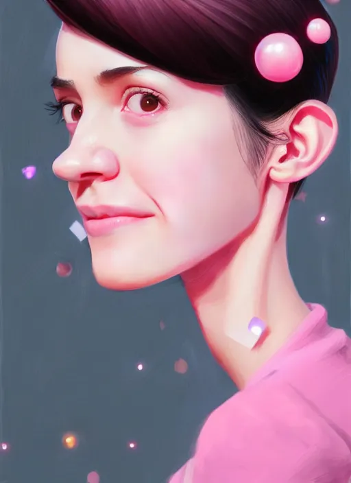 Image similar to portrait of high school girl, realistic, black hair, bangs, half updo hairstyle, pointy nose, skinny, smile, ugly, defined jawline, big chin, pink hair bow, earrings, intricate, elegant, glowing lights, highly detailed, digital painting, artstation, sharp focus, illustration, art by wlop, mars ravelo and greg rutkowski