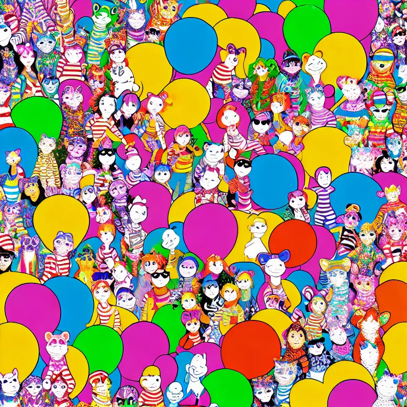 Image similar to wheres waldo, lisa frank style