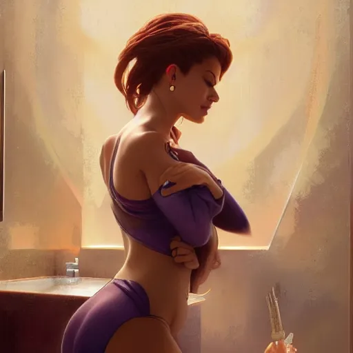 Prompt: ariane grande sing in the bathroom, highly detailed, digital character, painted portrait, artstation, concept art, hard focus, illustration, art by artgerm and greg rutkowski and alphonse mucha and craig mullins, james jean, andrey ryabovichev, mark simonetti and peter morbacher