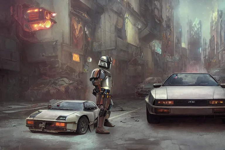 Image similar to photograph of the mandalorian entering a delorean driving down the streets of a cyberpunk abandoned city, wing doors are lifted, by greg rutkowski, by stanley artgerm, by alphonse mucha