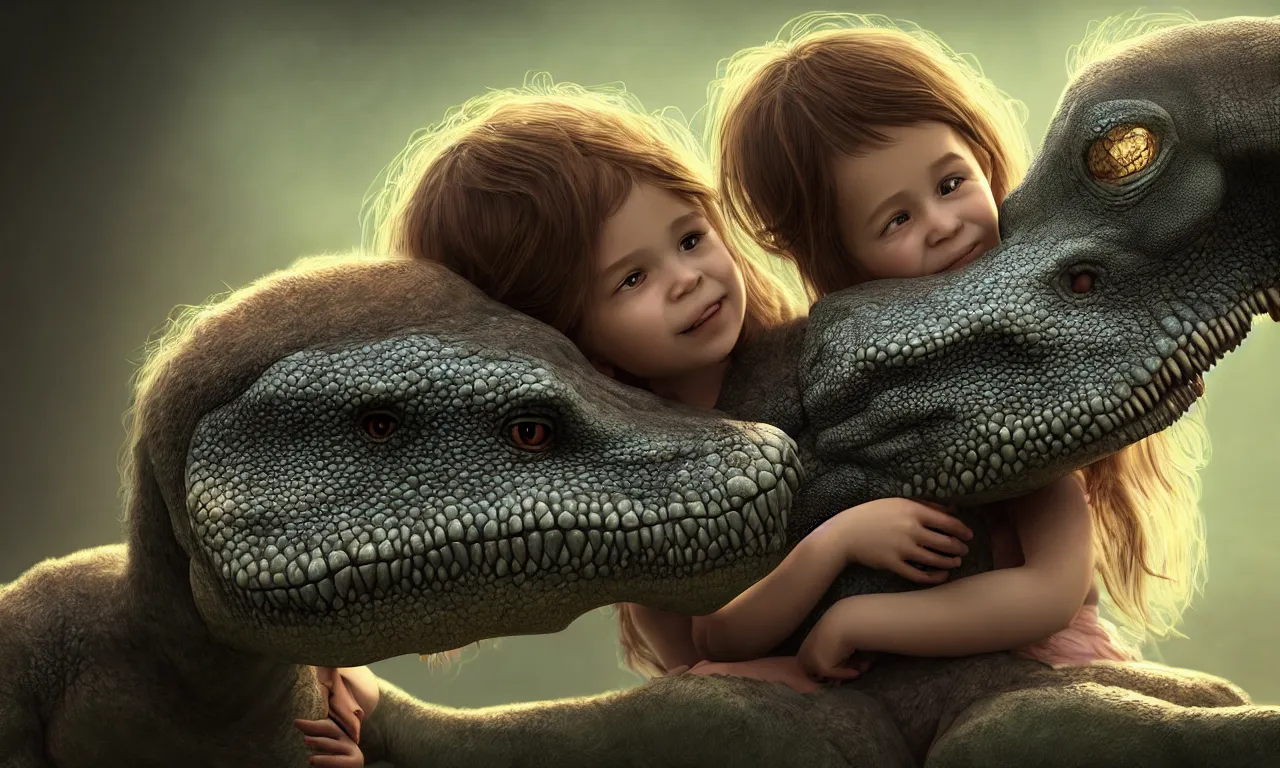 Prompt: portrait of a little girl cuddling with her beloved tyrannosaurus, very high detail, raytracing, back light, raymarching, by ilm, by digital domain, by weta digital