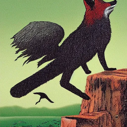 Prompt: Psycho Fox with a black bird on a moss platform by Richard Corben, highly detailed