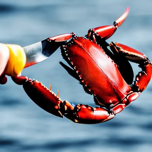 Prompt: crab holding a knife. nature photography, crab battle