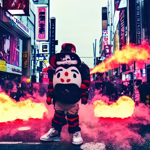 Image similar to marshmellow man in tokio, rampage , chaos in the streets, movie setup, pyro, 8k