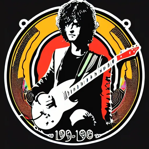 Image similar to 1 9 7 0 - young - jimmy page from led zepelin playing - guitar - solo, sticker - art, svg vector, adobe - illustrator