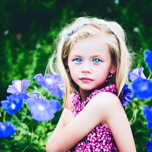 Prompt: a beautiful photo of a 6 year old girl, blue eyes, blue dress with flowers, blond hair, white skin, a lot of ouchies