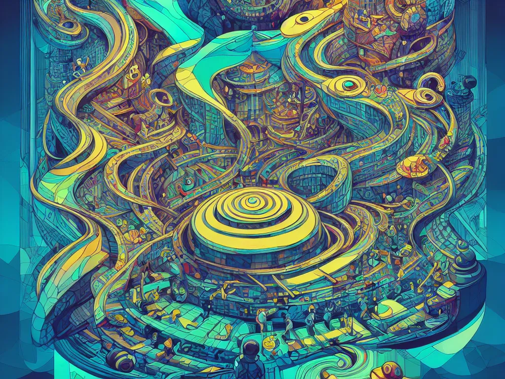 Image similar to twisted turn of fate abstraction, centered award winning ink pen illustration, isometric abstract illustration by dan mumford, edited by craola, technical drawing by beeple and tooth wu, tiny details by artgerm and watercolor girl, symmetrically isometrically centered