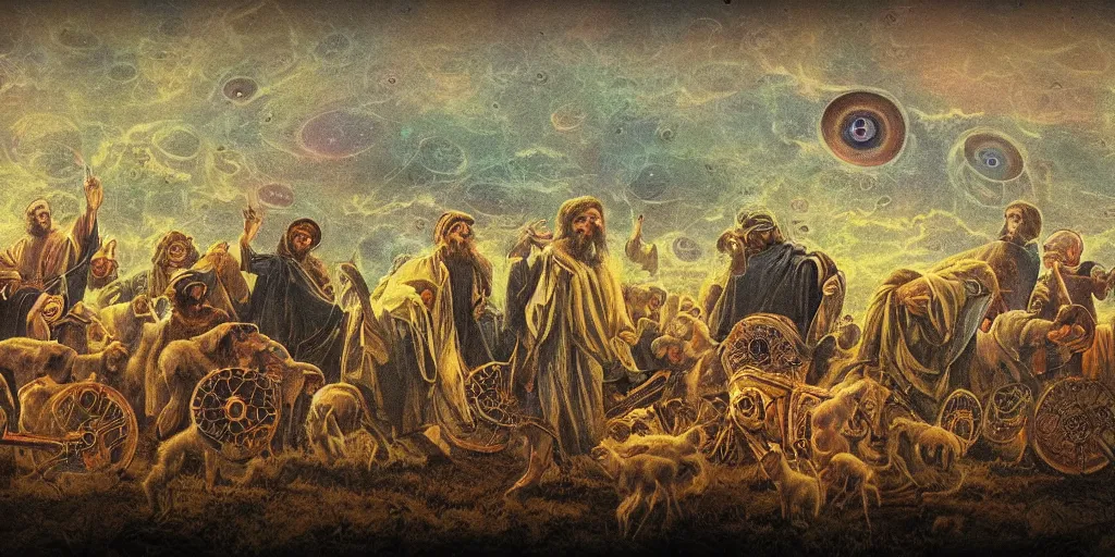 Prompt: A group of Ophanim with thousands of eyes covering their wheels hovers over a group of shepherds in a field, Theophanes, VHS screenshot, grainy, blurry, photo realistic, viral