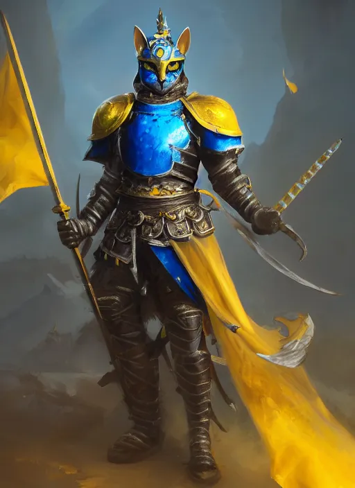 Prompt: An epic fantasy painting of a cat knight with Ukrainian blue and yellow flag, unreal engine, DAZ, hyperrealistic, octane render, cosplay, RPG portrait, dynamic lighting, trending on ArtStation