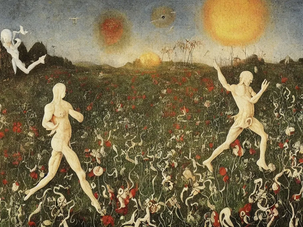 Image similar to White flaming devil running in the flower field, holding the world in his raised arms. Shadows loom over the land. Painting by Bosch, Bekinski