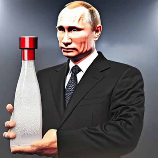 Image similar to Vladimir Putin holding a giant vodka bottle, detailed face, realistic face, photorealistic, highly detailed, cinematic