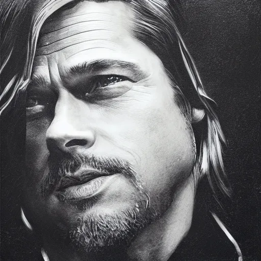 Prompt: portrait of brad pitt in a still of the rum diary movie, rolf armstrong, clemens ascher, christopher balaskas, bo bartlett, gustave baumann, trending in artstation, detailed, profile picture, concept art, matte, very coherent symmetrical artwork, no signature, no watermark,