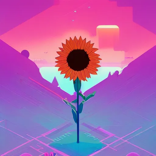 Image similar to beautiful digital sunflower in stunning pink sea, VERY LIGHT purple and blue scheme, isometric, by Anton Fadeev and Simon Stalenhag, trending on artstation, low contrast