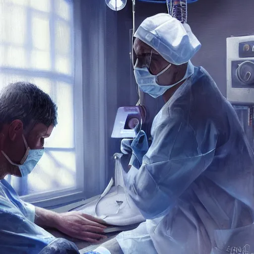 Image similar to A surgeon desperately trying to save his patient, oil painting by Cedric Peyravernay, highly detailed, cinematic concept art, dramatic lighting