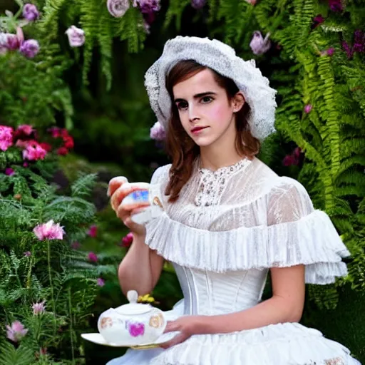 Image similar to fantasy, glow, shimmer, emma watson as victorian woman in a long white frilly lace dress and a large white hat having tea in a sunroom filled with flowers, roses and lush fern flowers ,intricate, night, highly detailed, dramatic lighting , high quality