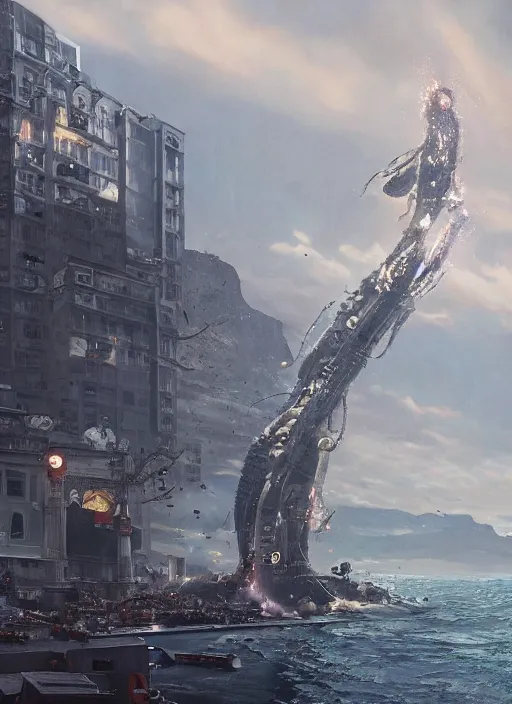 Image similar to hyper realistic squid shaped robot attacking cape town city, table mountain explosions, atmospheric beautiful details, strong composition drawn in ink by kim jung giu weta studio rutkowski, james gurney and greg rutkowski, and lucasfilm