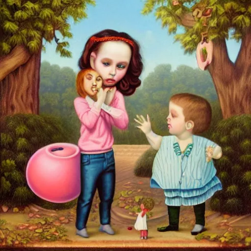 Image similar to children playing scene, lowbrow painting by mark ryden