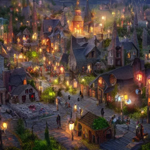 Prompt: little magical town for wizards and people with magic, realistic, 8 k, extremely detailed, cgi, trending on artstation, hyper - realistic render