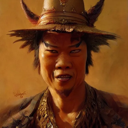 Image similar to closeup portrait of an asian scary man dressed as a chicken, highly detailed painting by gaston bussiere, craig mullins, j. c. leyendecker 8 k