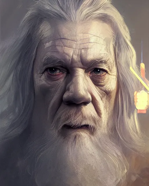 Prompt: gandalf with facial cybernetic enhancements, android, detailed face, scifi character portrait by greg rutkowski, esuthio, craig mullins, 1 / 4 headshot, cinematic lighting, dystopian scifi gear, gloomy, profile picture, mechanical, half robot, implants, steampunk