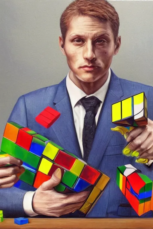 Image similar to a hyper - realistic hyper - detailed fine painting of a man wearing a suit and with a rubik's cube head, ultra - realistic detailed surrealism, magical realism