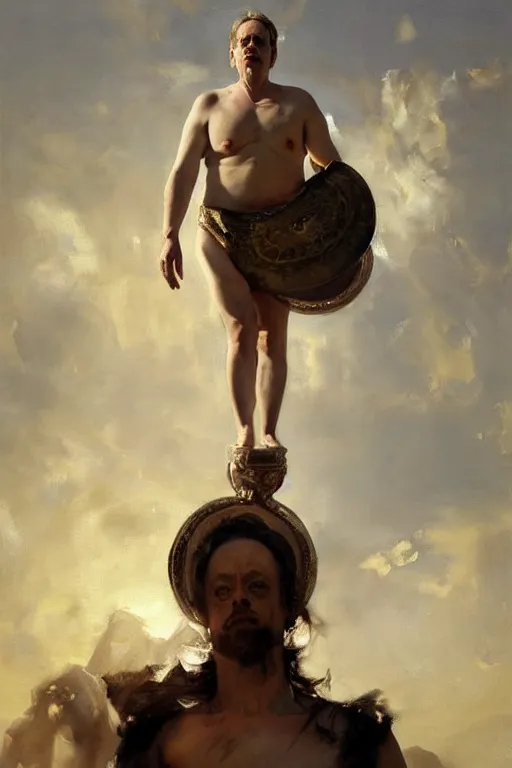 Image similar to beautiful oil painting portrait of ancient roman god emperor steve buscemi floating in the air wearing the civic crown levitating and ascending in a religious pose, ascension, art by anders zorn, wonderful masterpiece by greg rutkowski, expressive brush strokes, beautiful cinematic light, american romanticism by greg manchess, jessica rossier