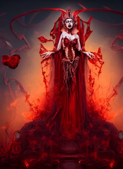 Prompt: a beautiful detailed 3 d matte painting, variations around female, queen, necromancer, symmetrical features, vertical portrait, skeleton, whirling smoke, embers, red adornements, red torn fabric