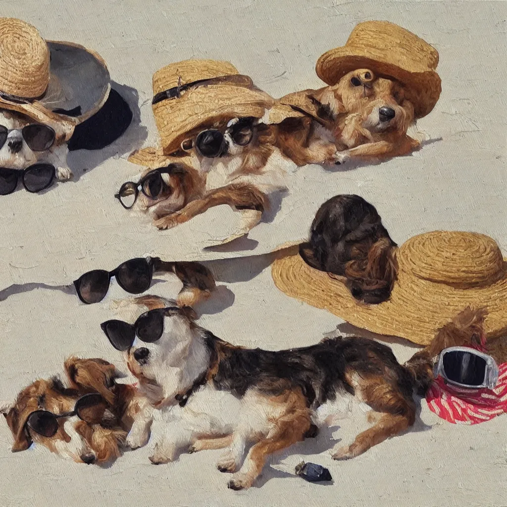 Prompt: a cute oil painting of a yorkshire dog with sun glasses and a straw hat lounging on the beach with his female with short hair friend