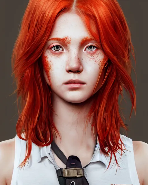 Image similar to portrait of 1 4 - year - old girl with flaming red hair, a lot of freckles, and bright brown eyes, wearing shirt, hyper realistic face, beautiful eyes, character art, art by mark brooks, hyperdetailed, cryengine, trending on artstation, digital art