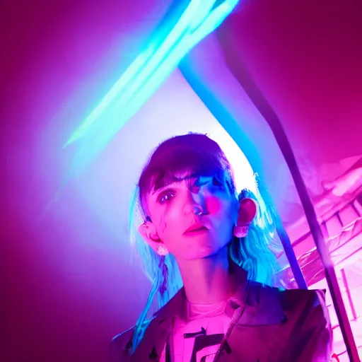 Image similar to grimes on stage djing, volumetric neon lights in the background, gleaming, 3 5 mm photography, portrait!!!!!!, trending on artstation, 4 k, 8 k, zbrush, mannerism