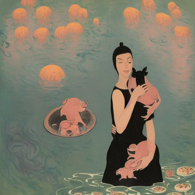 Image similar to tall female emo artist holding a pig in her flooded bathroom, mushrooms, octopus, water gushing from ceiling, painting of flood waters inside an artist's bathroom, a river flooding indoors, pomegranates, pigs, ikebana, zen, river, rapids, waterfall, black swans, canoe, berries, acrylic on canvas, surrealist, by magritte and monet