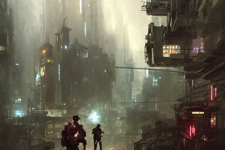 Prompt: The steampunk detective wearing a red tie is walking through a futuristic city locked down under military martial law, lightning in the distance, armed soldiers patrol the streets, cyberpunk theme, hyperdetailed artstation, concept art, sci-fi illustration, digital art, by Greg Rutkowski, by Stephan Martiniere