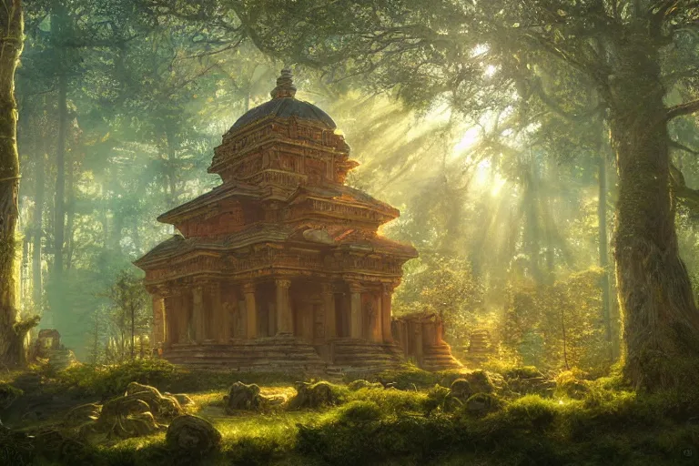 Image similar to Ancient temple lost in the heart of the forest belonging to the ancient goddess of earth and trees | dramatic light | cinematic lighting | sunshafts, volumetric lighting | golden hour | style of donato giancola