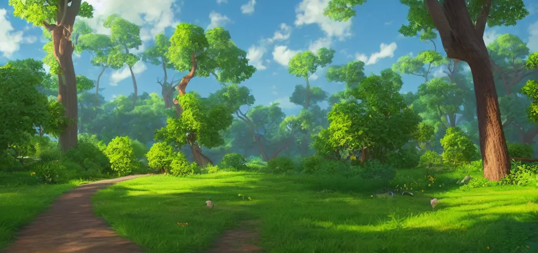 Image similar to Look of Pokemon route 1, full daylight, morning, cartoon moody scene, made in blender, 8k, colorful details of lush nature and tranquility