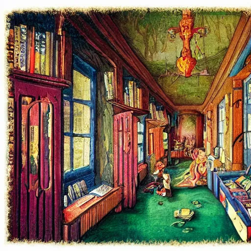 Prompt: an imagination machine bursting with colours, inside a wizards room, books are on shelves, machine parts litter the floor, in the style of an old painting