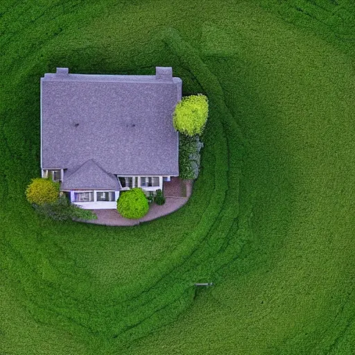 Prompt: an aerial view of a house with a green lawn, a tilt shift photo by david budd, cg society contest winner, romanesque, high dynamic range, made of vines, bryce 3 d