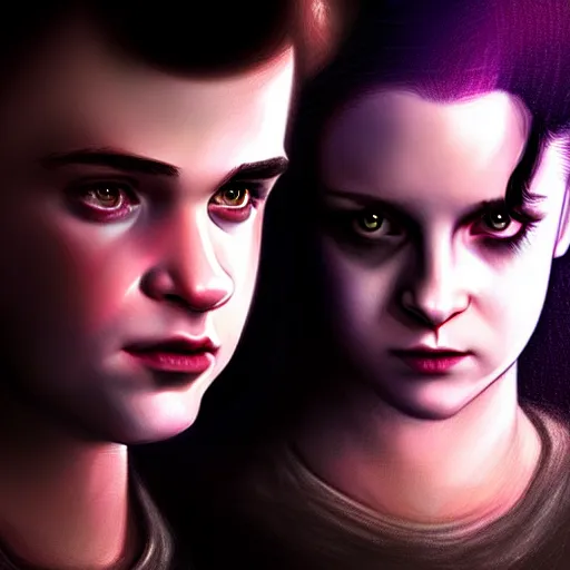 Prompt: Twilight version of Stranger Things, Portrait of Edward and Bella, diffuse lighting, fantasy, intricate, elegant, highly detailed, lifelike, photorealistic, digital painting, artstation, illustration, concept art, smooth, sharp focus, art by Albert Aublet