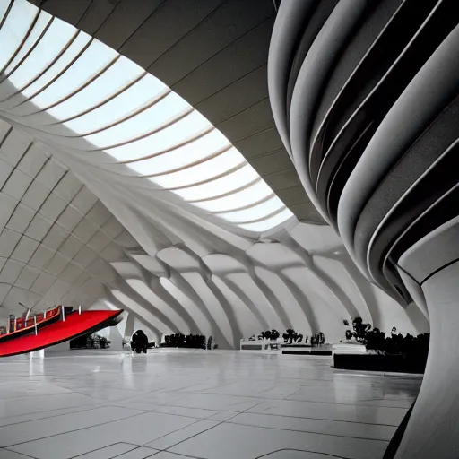 Image similar to interior of a futuristic lotus temple space station with gold, red and white marble panel, by buckminster fuller and syd mead, intricate contemporary architecture, photo journalism, photography, cinematic, national geographic photoshoot