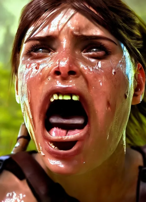 Image similar to a film still of lara croft screaming, her face sweat, direct sun light, close up potrait, cinematic,