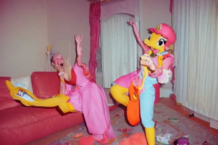 Image similar to a funny unexpected photo made with a disposable camera of a real life Princess Peach having fun in my livingroom, in color